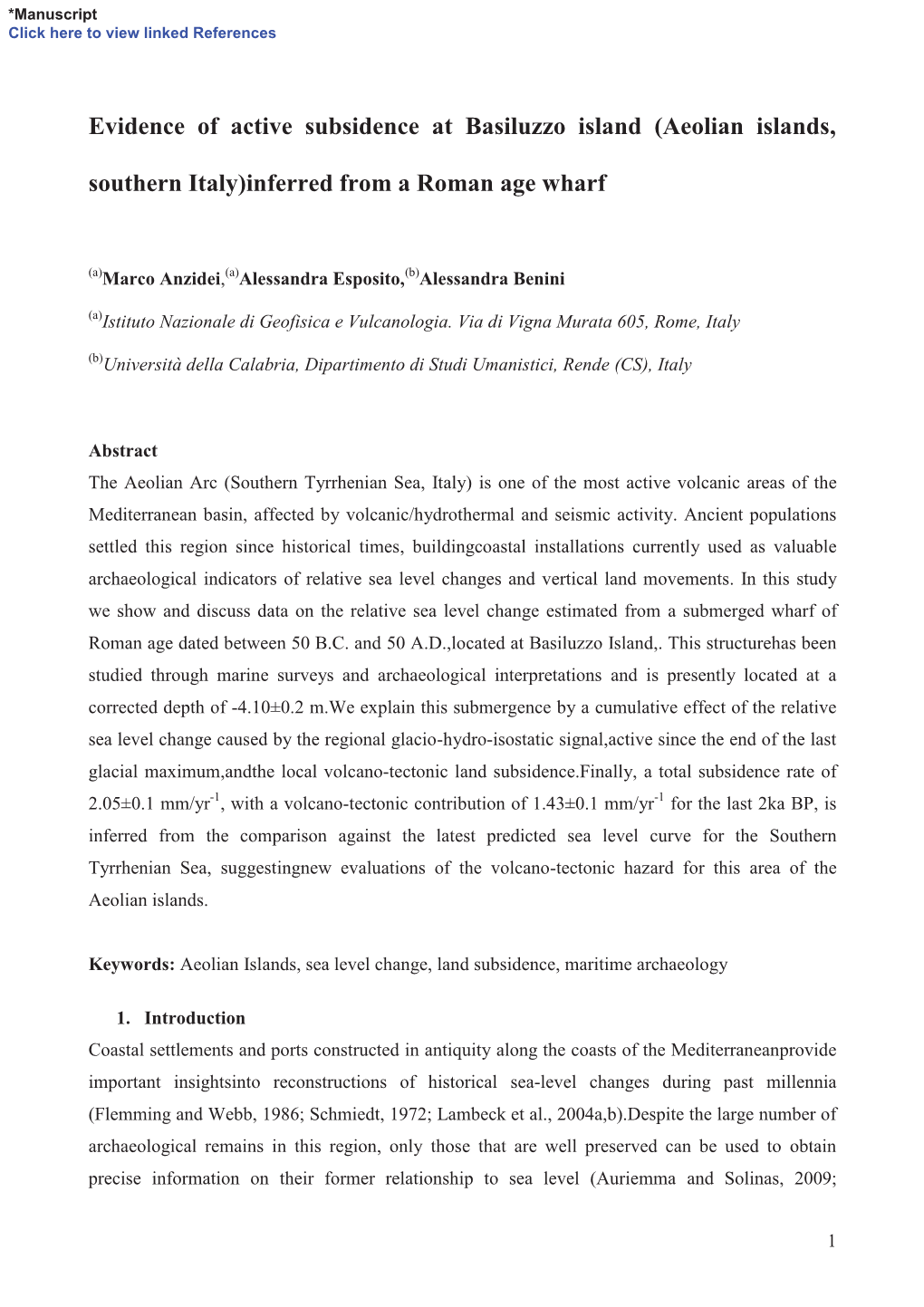 Evidence of Active Subsidence at Basiluzzo Island (Aeolian Islands