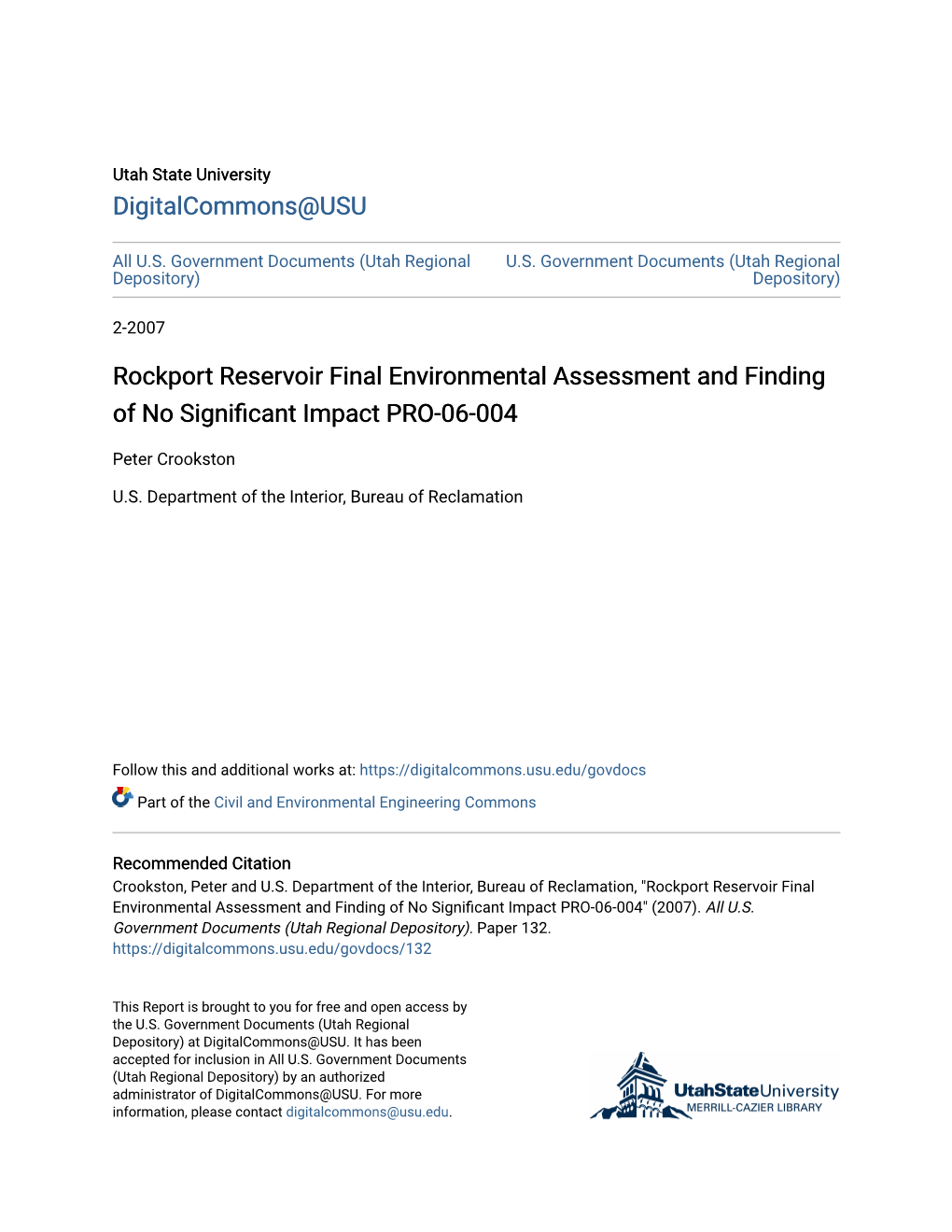 Rockport Reservoir Final Environmental Assessment and Finding of No Significant Impact PRO-06-004