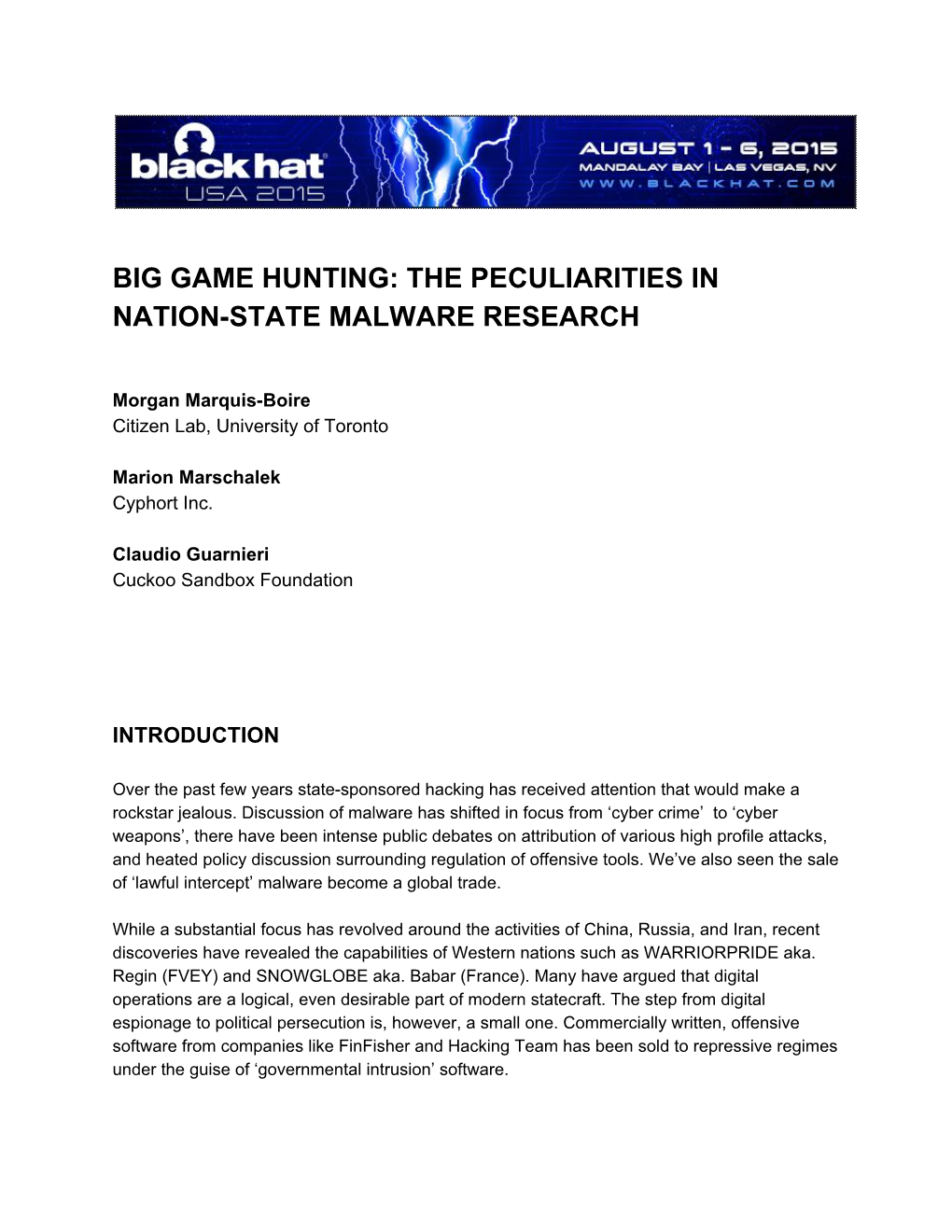 Big Game Hunting: Nation-State Malware Research