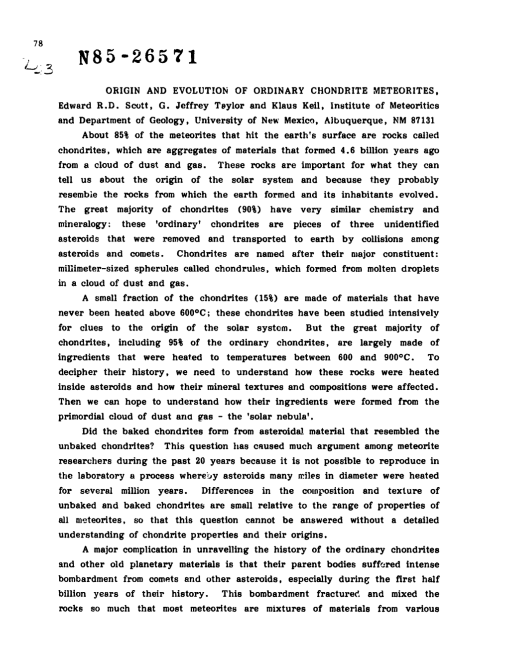 ORIGIN and EVOLUTIOK of ORDINARY CHONDRITE METEORITES, Edward R.D