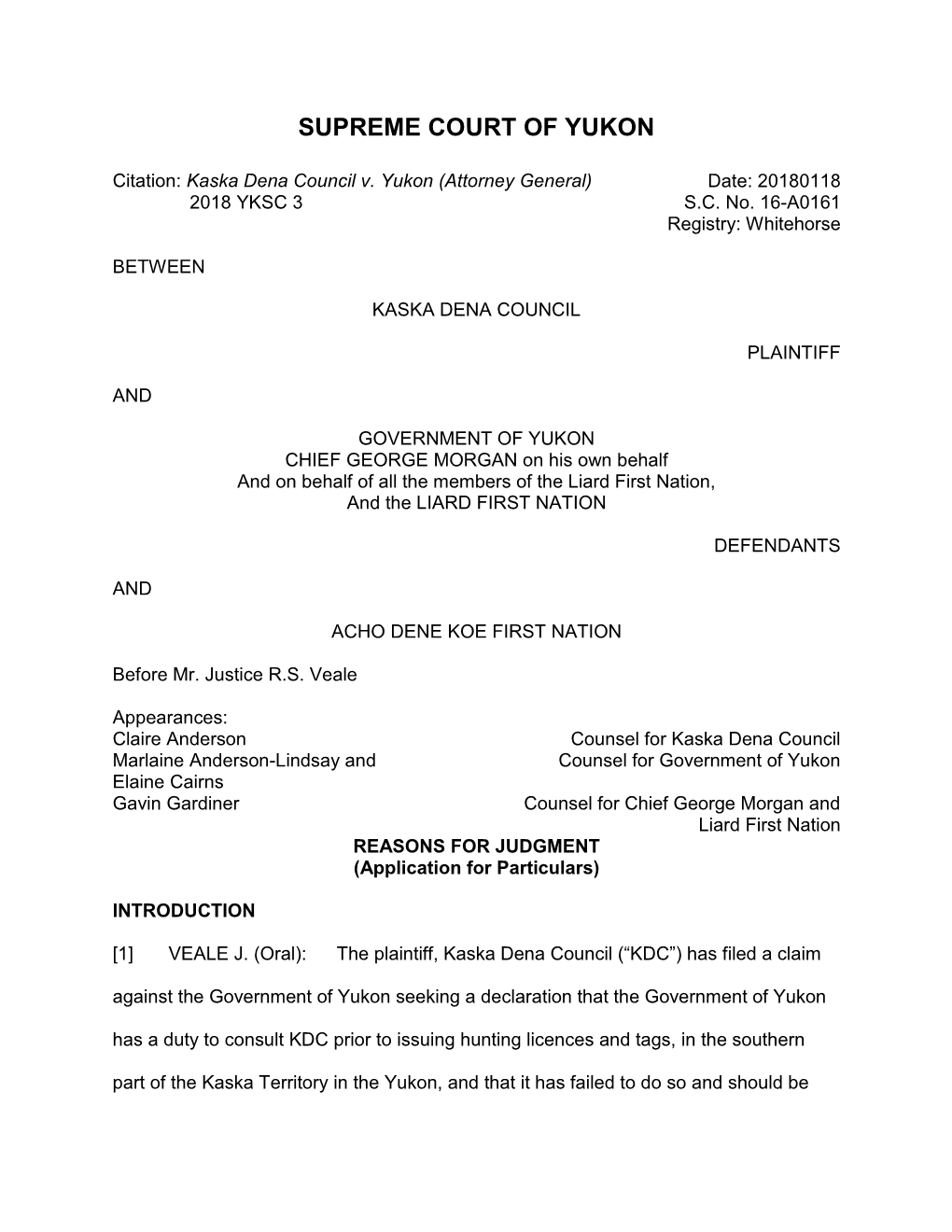 Kaska Dena Council V. Yukon (Attorney General) Date: 20180118 2018 YKSC 3 S.C