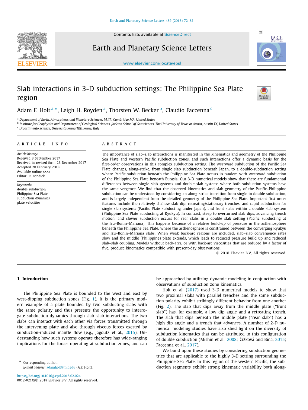 Slab Interactions in 3-D Subduction Settings: the Philippine Sea Plate Region ∗ Adam F