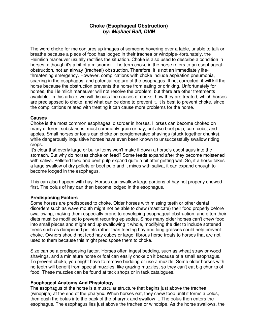 Choke (Esophageal Obstruction) By: Michael Ball, DVM
