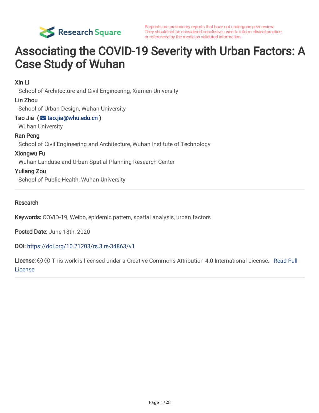 Associating the COVID-19 Severity with Urban Factors: a Case Study of Wuhan