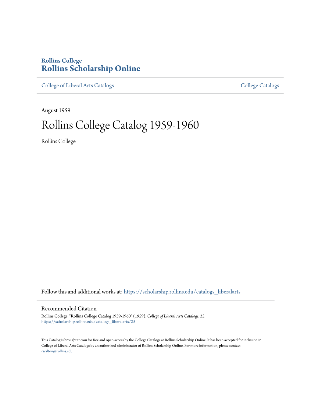 Rollins College Catalog 1959-1960 Rollins College