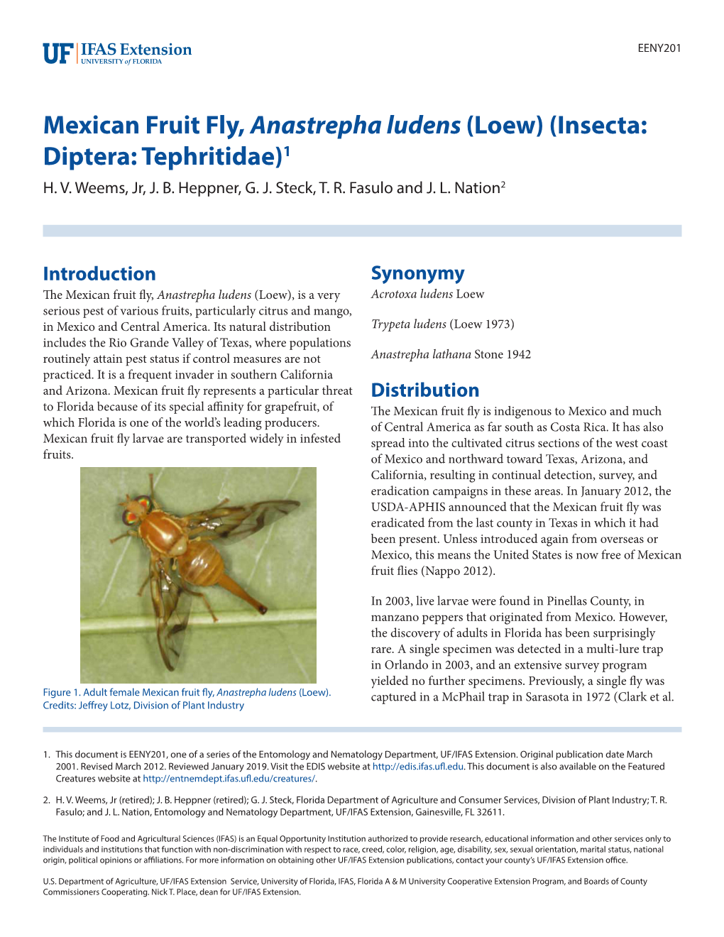 Mexican Fruit Fly, Anastrepha Ludens (Loew) (Insecta: Diptera: Tephritidae)1 H