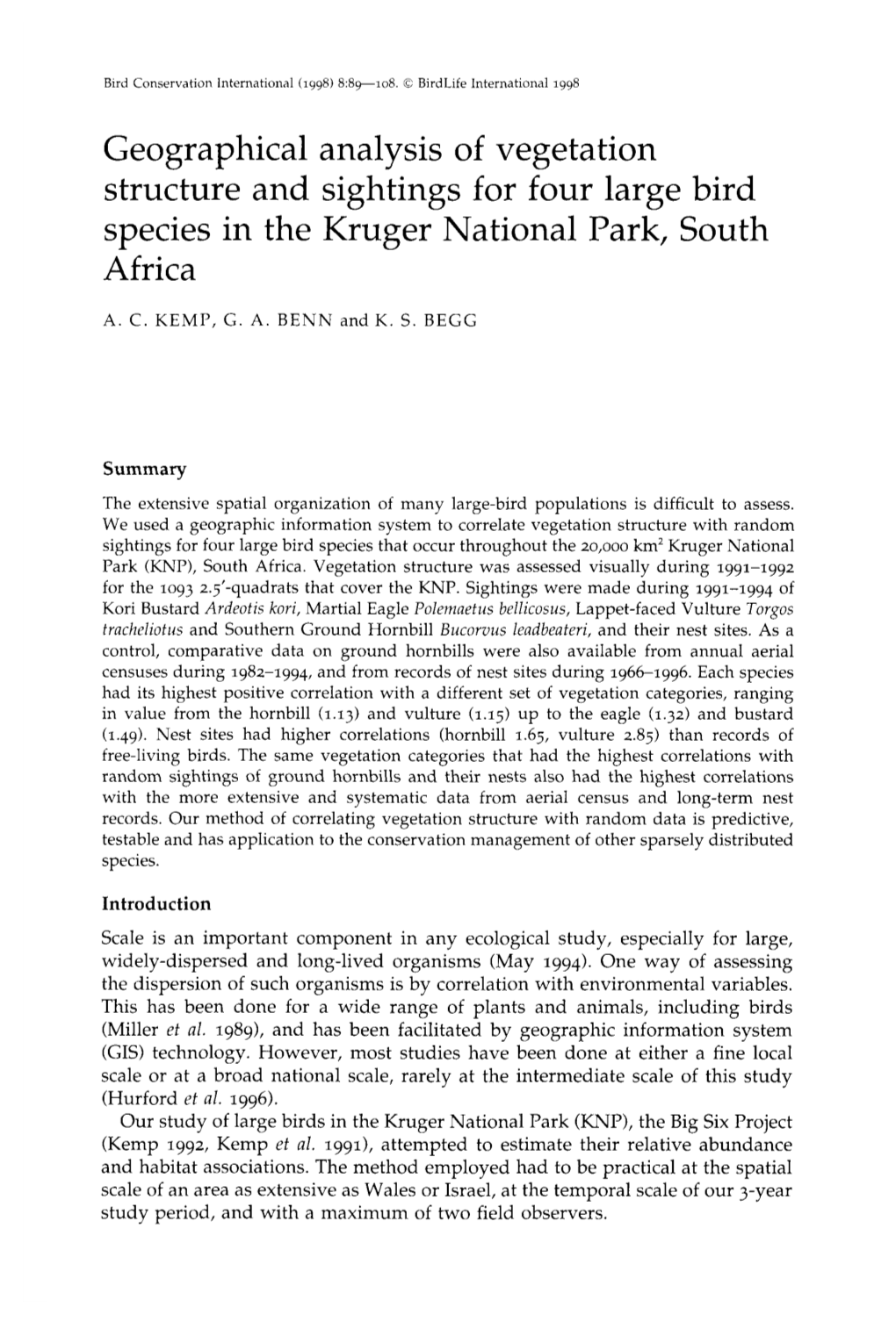 Geographical Analysis of Vegetation Structure and Sightings for Four Large Bird Species in the Kruger National Park, South Africa