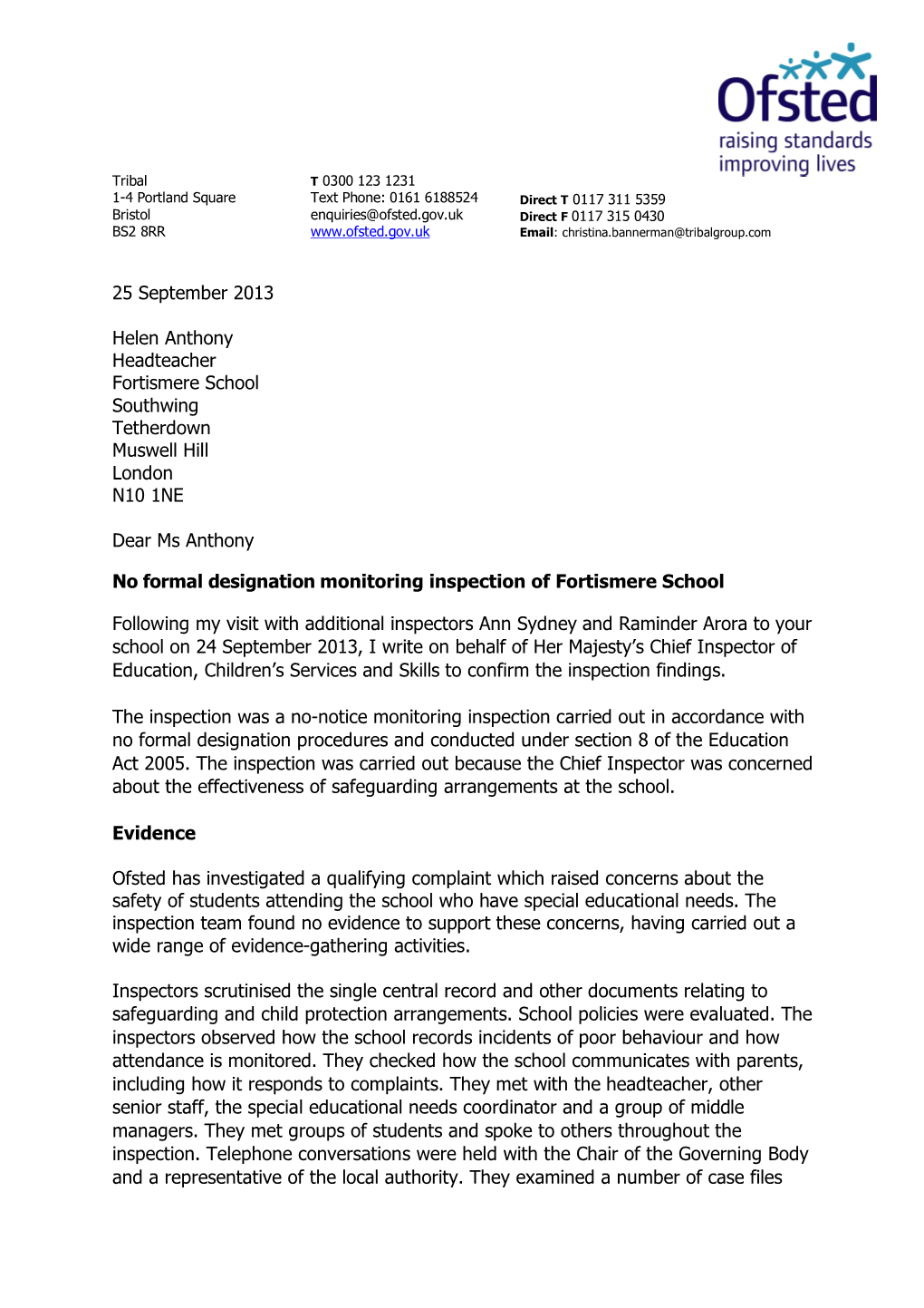 25 September 2013 Helen Anthony Headteacher Fortismere School