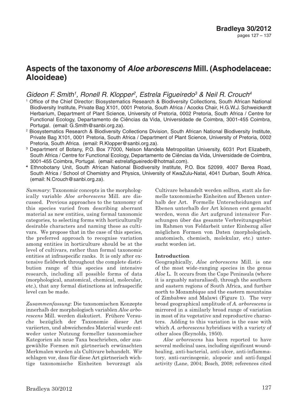 Aspects of the Taxonomy of Aloe Arborescens Mill. (Asphodelaceae: Alooideae)
