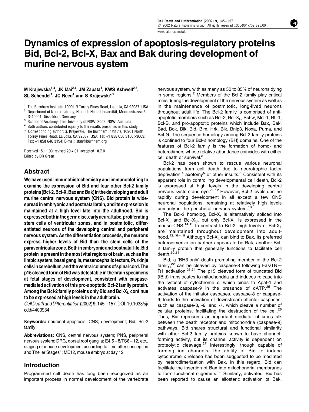 Dynamics of Expression of Apoptosis-Regulatory Proteins Bid, Bcl-2, Bcl-X, Bax and Bak During Development of Murine Nervous System