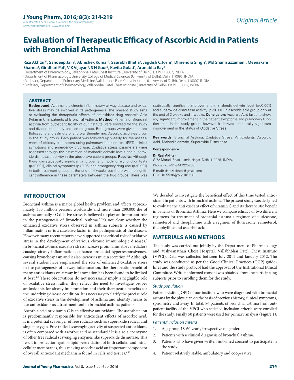 Evaluation of Therapeutic Efficacy of Ascorbic Acid in Patients with Bronchial Asthma