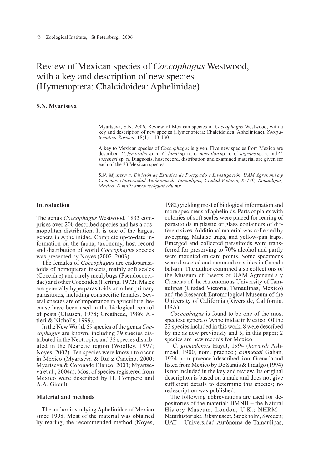 Review of Mexican Species of Coccophagus Westwood, with a Key and Description of New Species (Hymenoptera: Chalcidoidea: Aphelinidae)