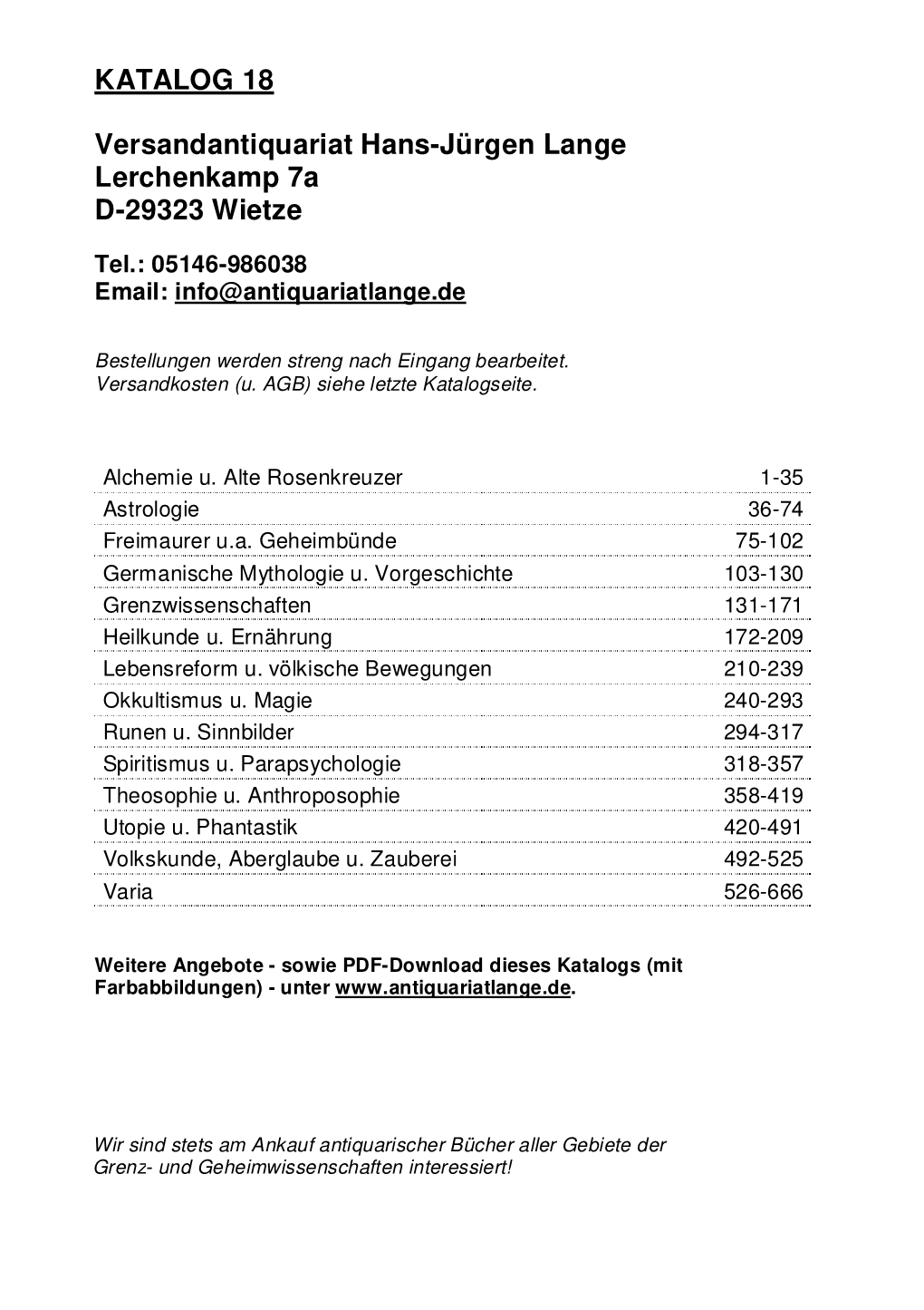 KATALOG 18 Versandantiquariat Hans-Jürgen Lange Lerchenkamp 7A D-29323 Wietze