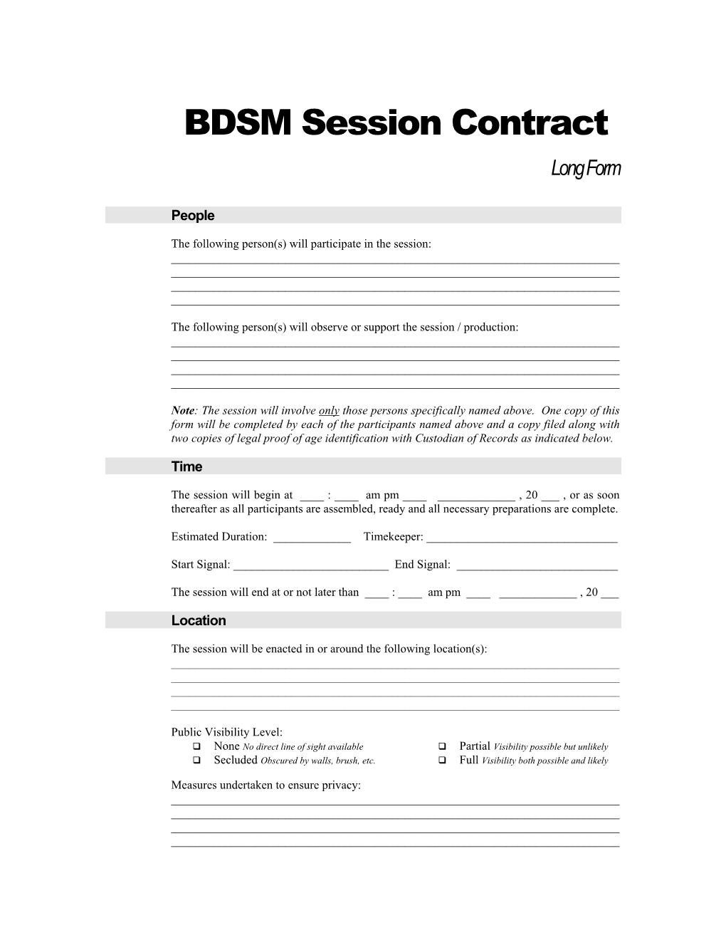 BDSM Session Contract Long Form