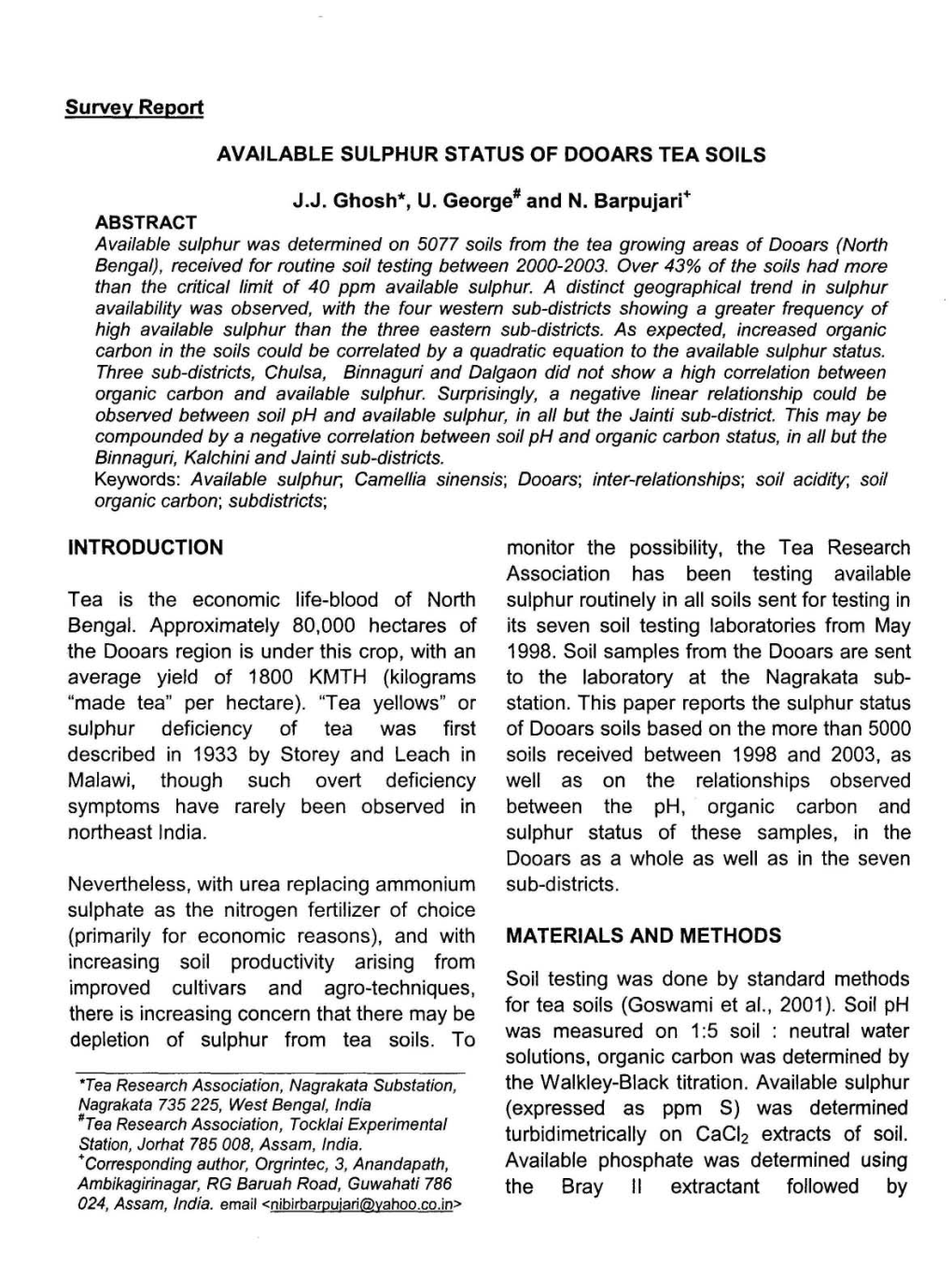 Survey Report AVAILABLE SULPHUR STATUS of DOOARS TEA SOILS