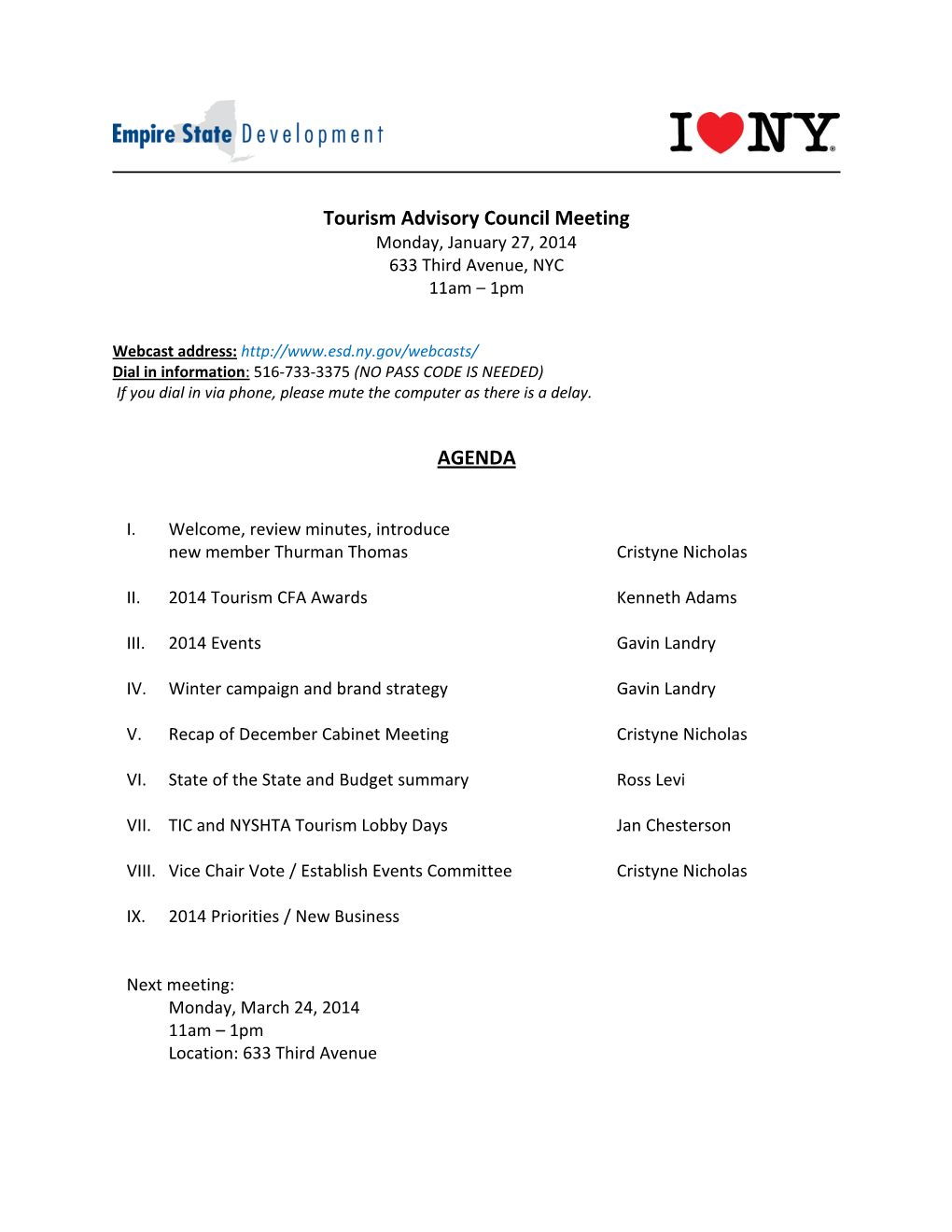 Tourism Advisory Council Meeting AGENDA