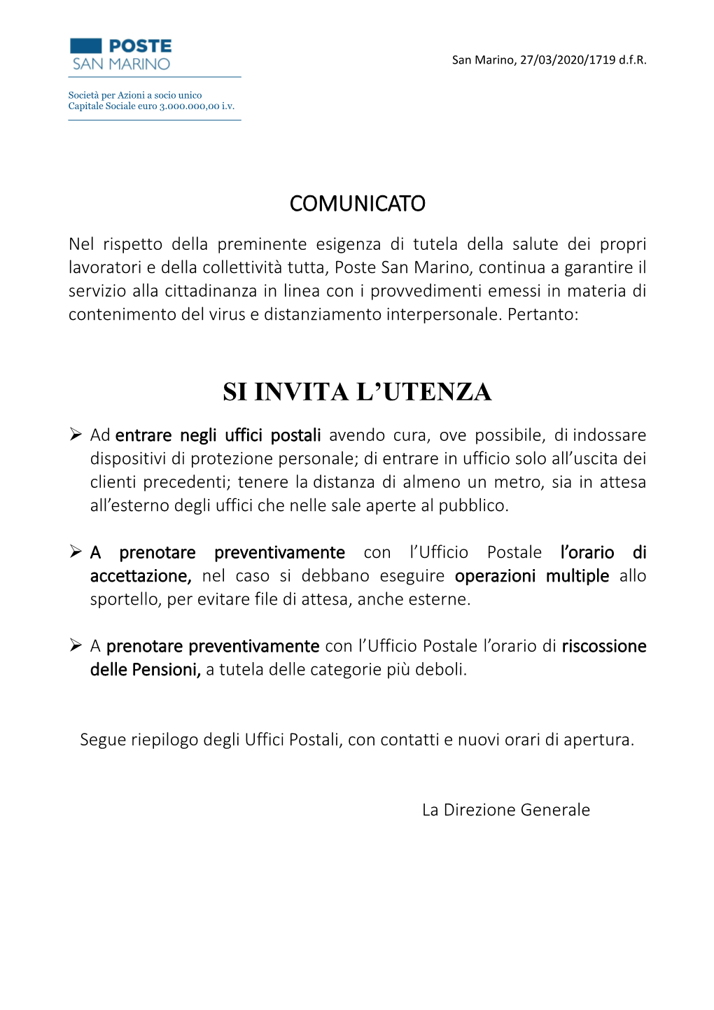 Segue Riepilogo Degli Uffici Postali, Con Contatti E Nuovi Orari Di Apertura