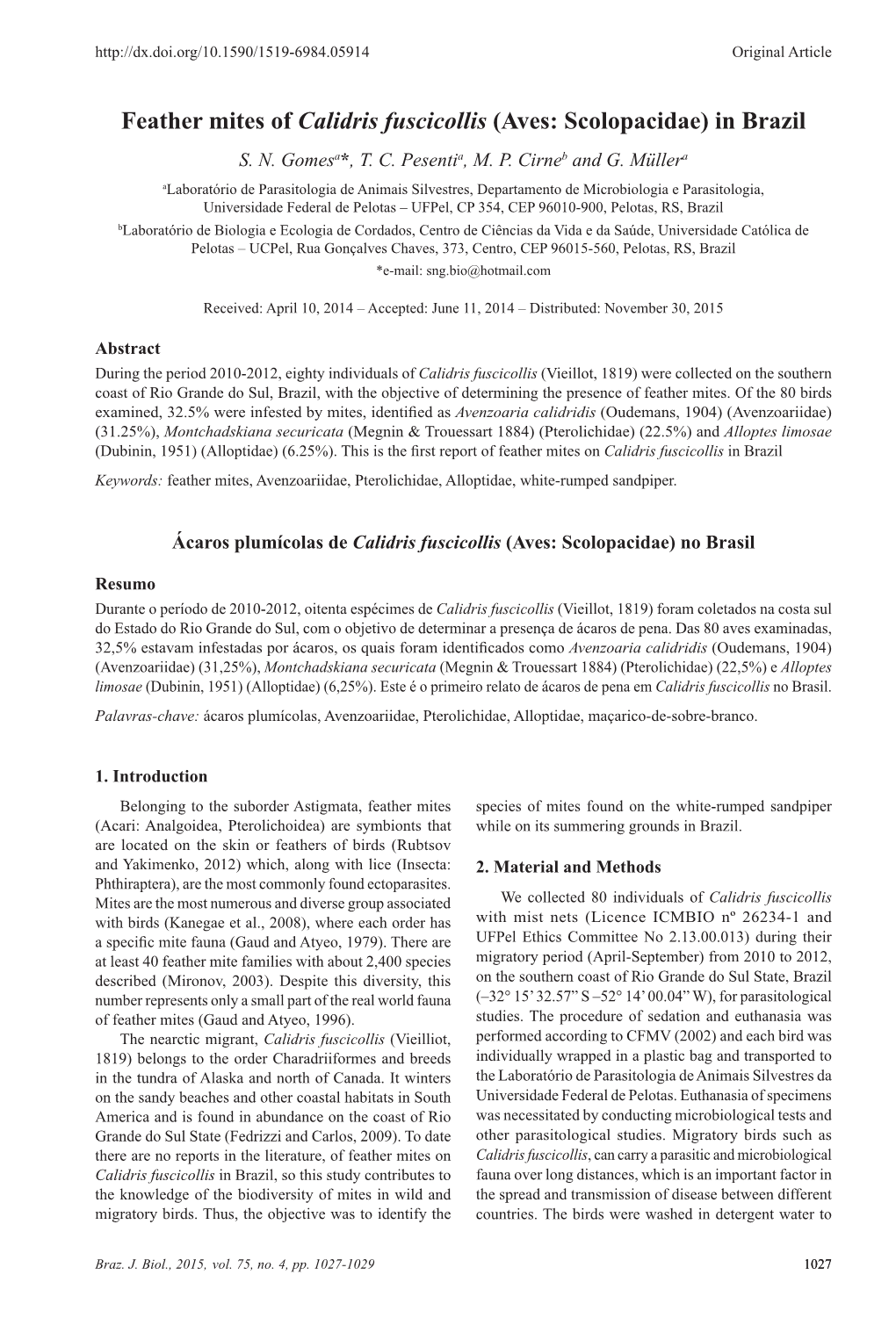 Feather Mites of Calidris Fuscicollis (Aves: Scolopacidae) in Brazil S