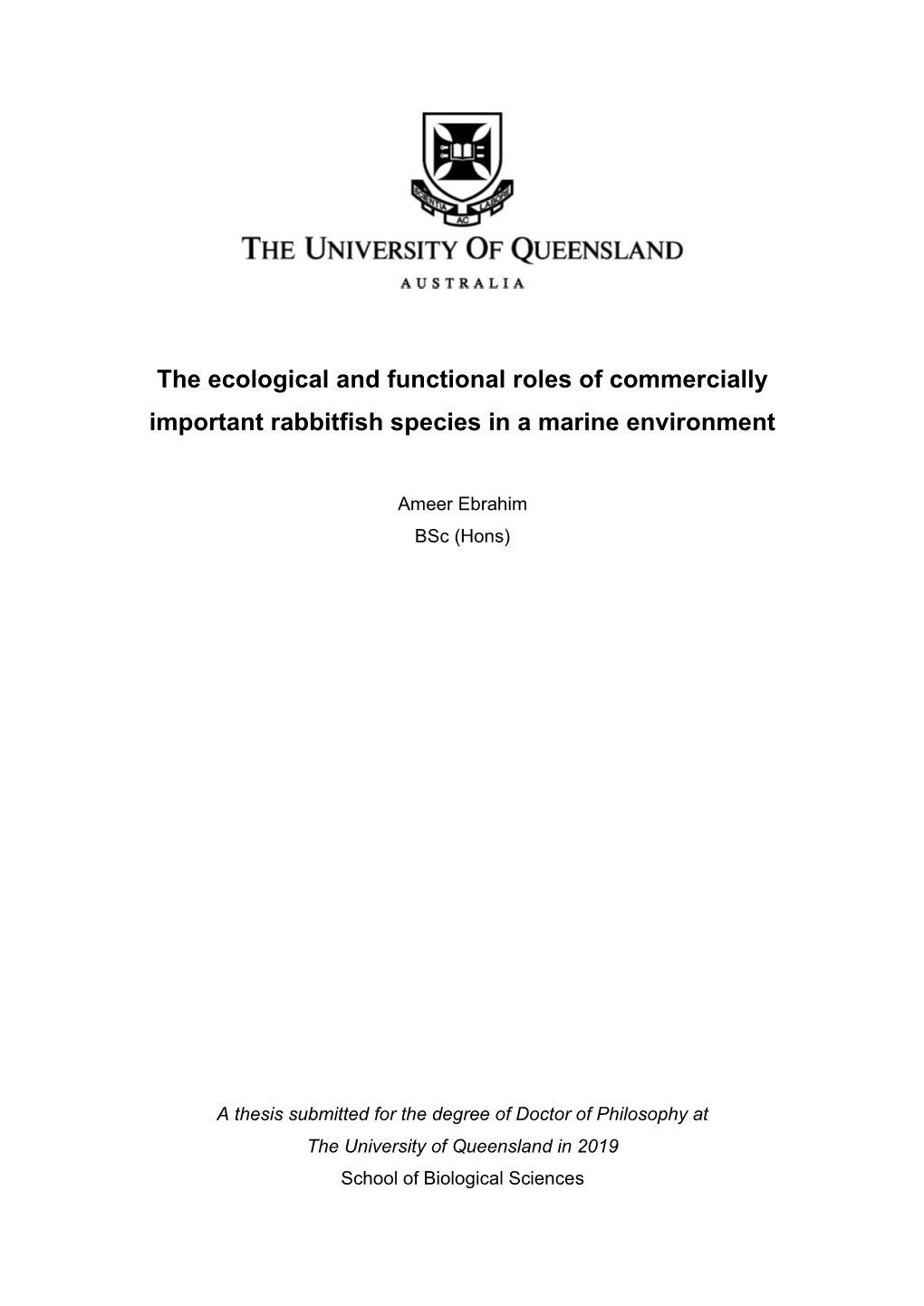 The Ecological and Functional Roles of Commercially Important Rabbitfish Species in a Marine Environment