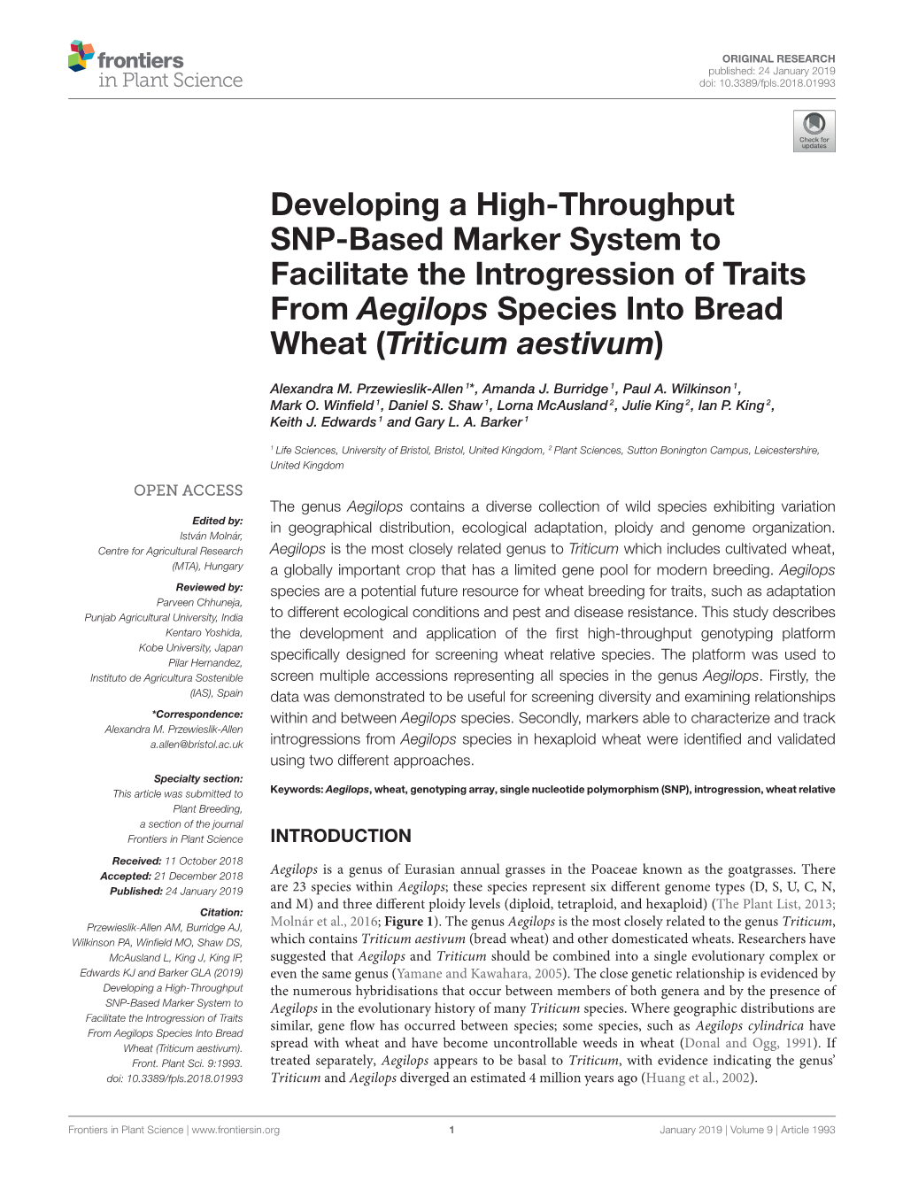 Developing a High-Throughput SNP-Based Marker System to Facilitate the Introgression of Traits from Aegilops Species Into Bread Wheat (Triticum Aestivum)