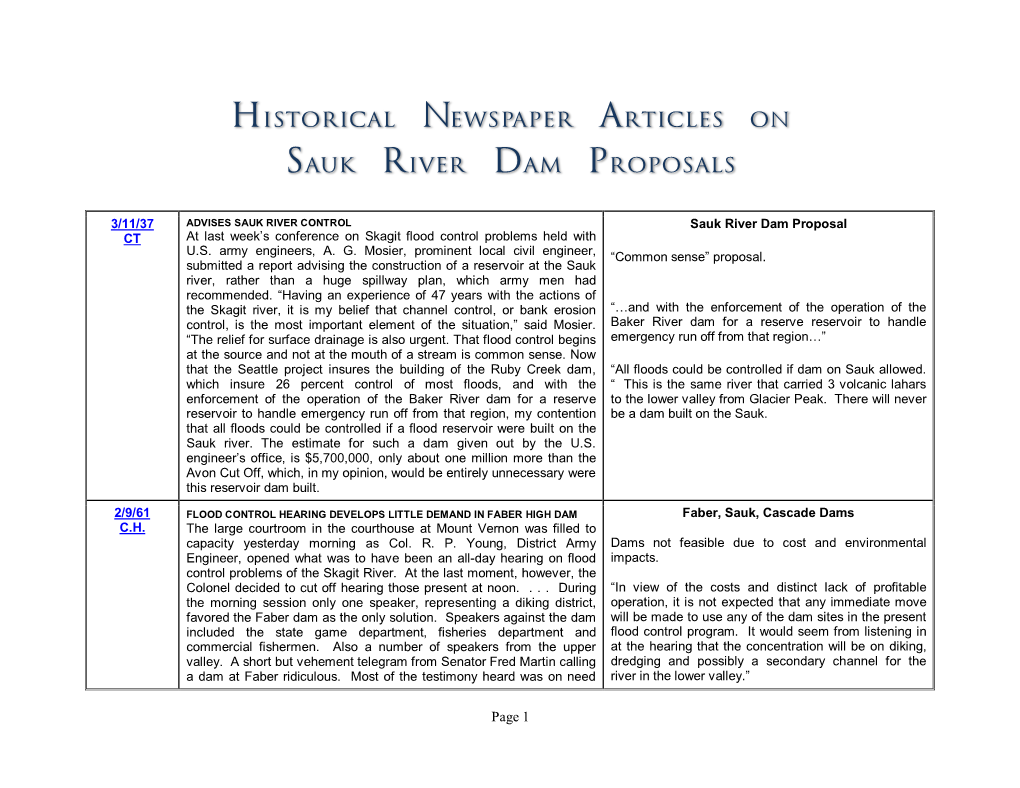 Historical Newspaper Articles on Sauk River Dam Proposals