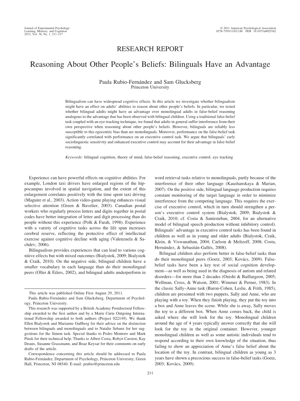 Reasoning About Other People's Beliefs: Bilinguals Have an Advantage