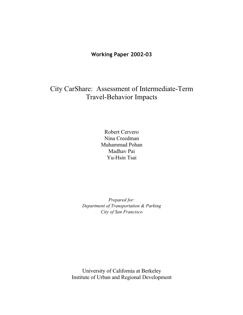 City Carshare: Assessment of Intermediate-Term Travel-Behavior Impacts