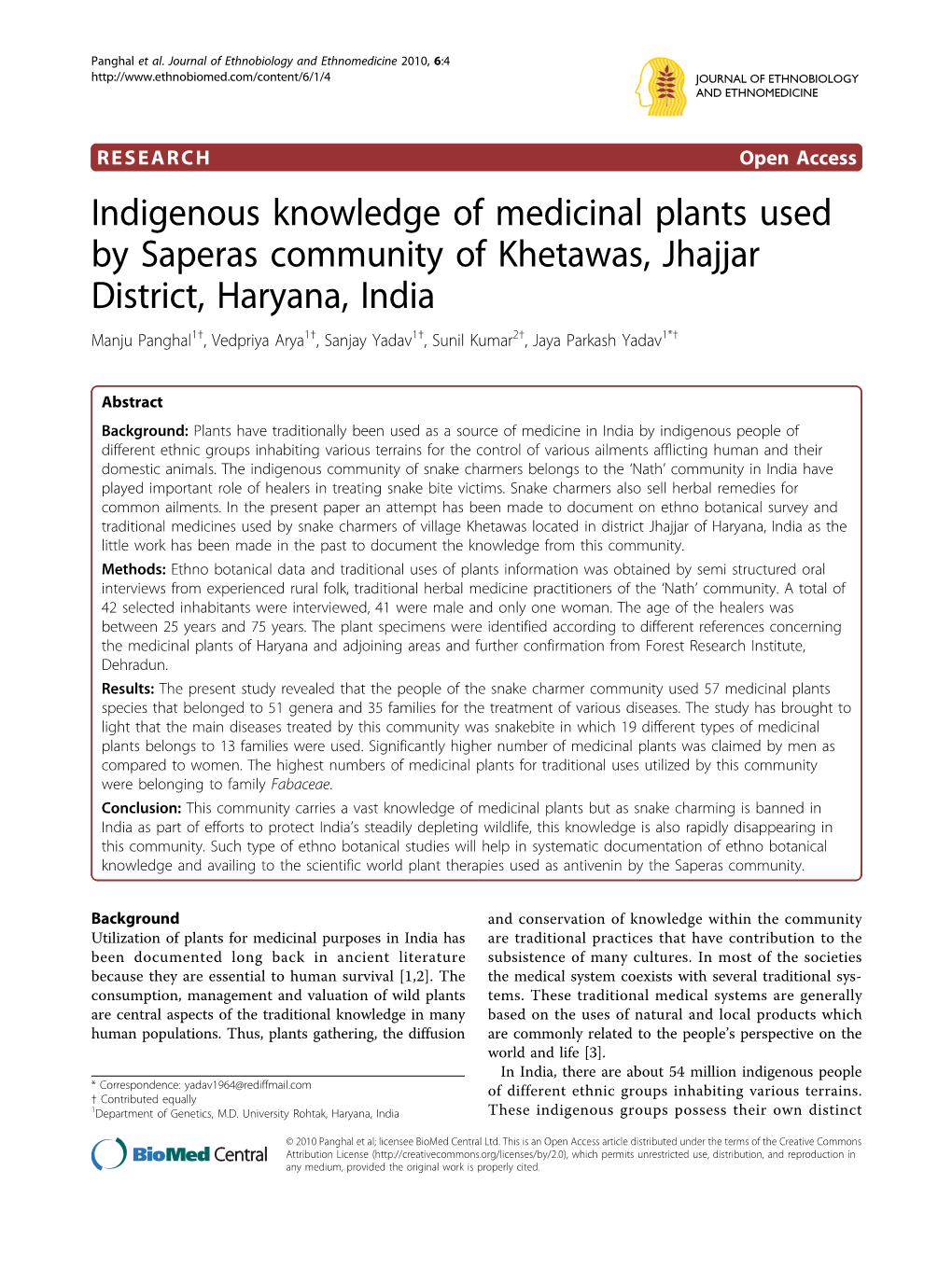 Indigenous Knowledge of Medicinal Plants Used by Saperas Community