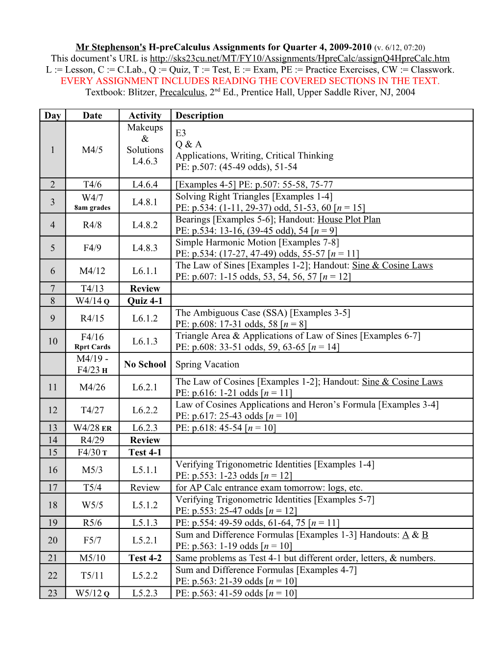 Mr Stephenson's H-Precalculus Assignments for Quarter 4, 2009-2010 (V. 6/12, 07:20)