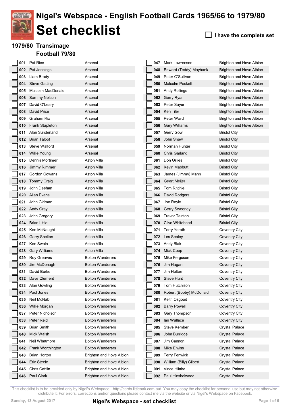 Set Checklist I Have the Complete Set 1979/80 Transimage Football 79/80