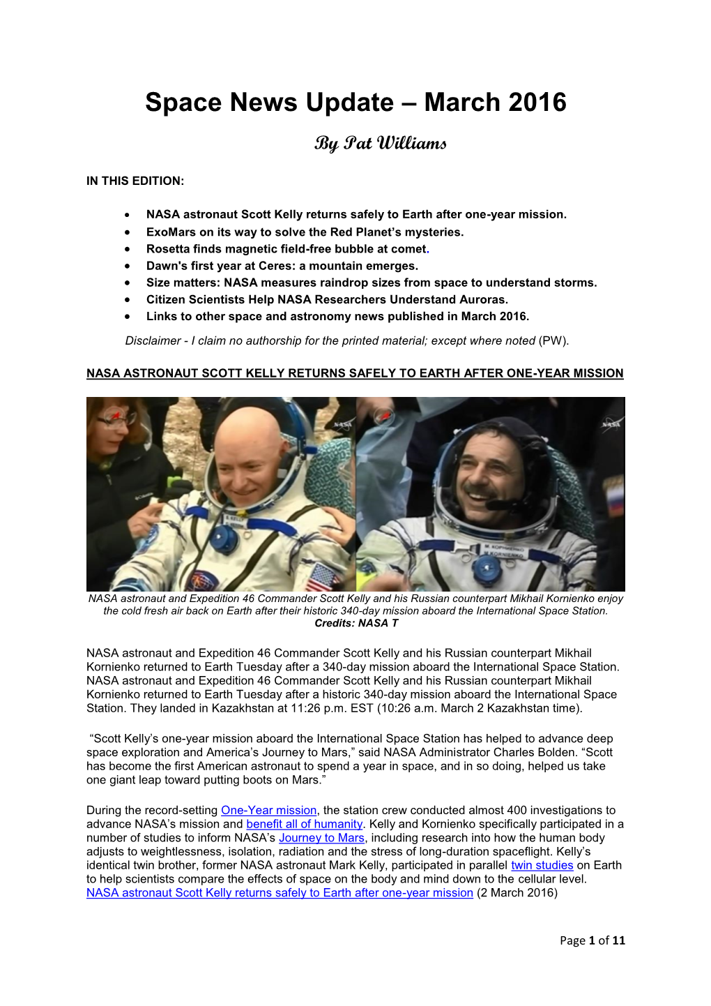 Space News Update March 2016