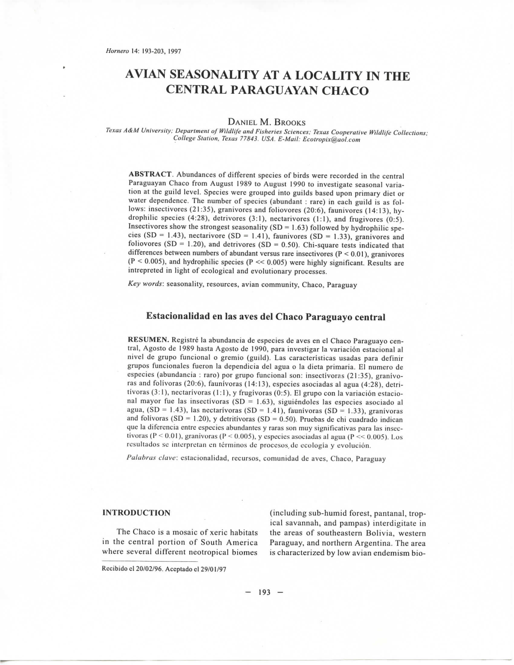 Avian Seasonality at a Locality in the Central Paraguayan Chaco