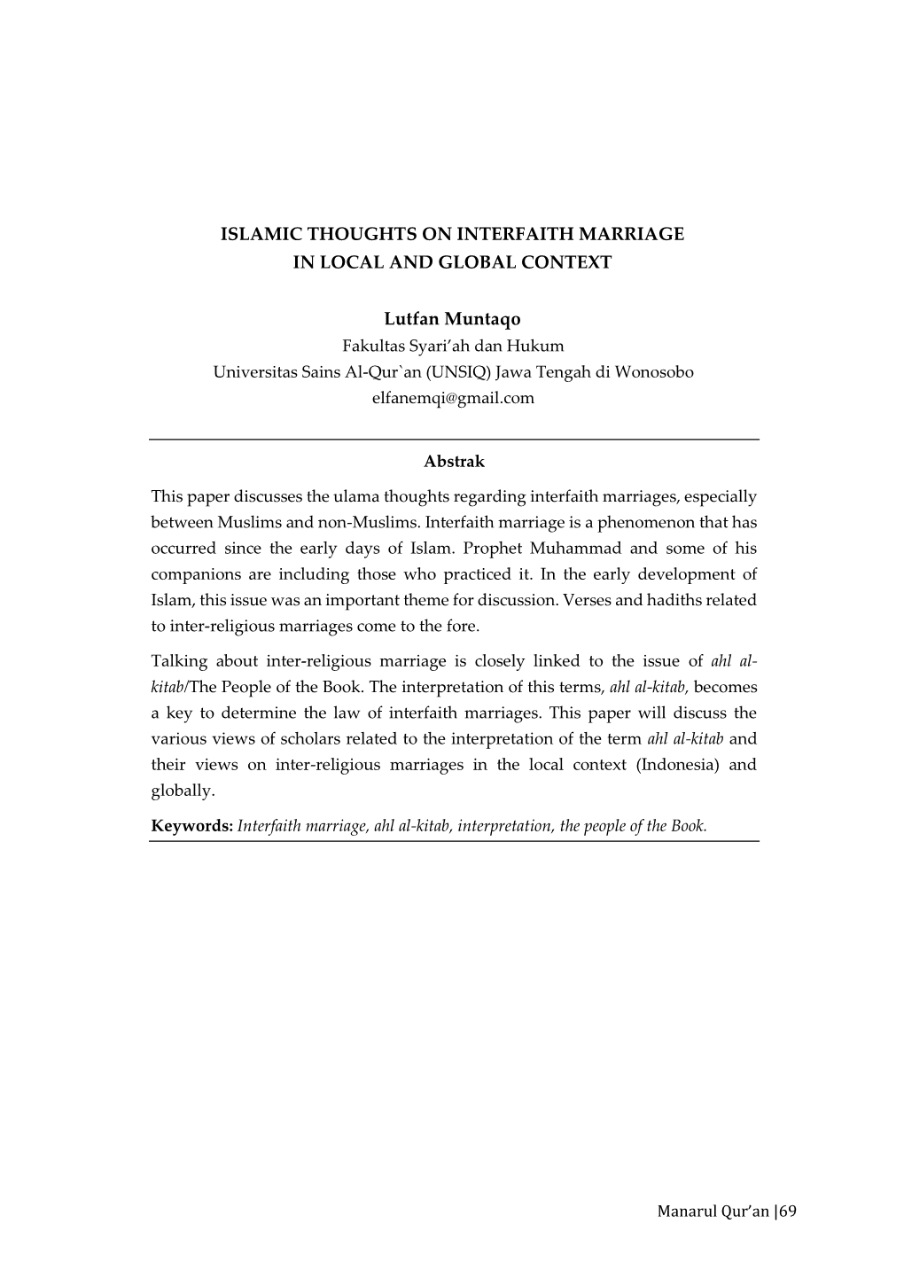 Islamic Thoughts on Interfaith Marriage in Local and Global Context