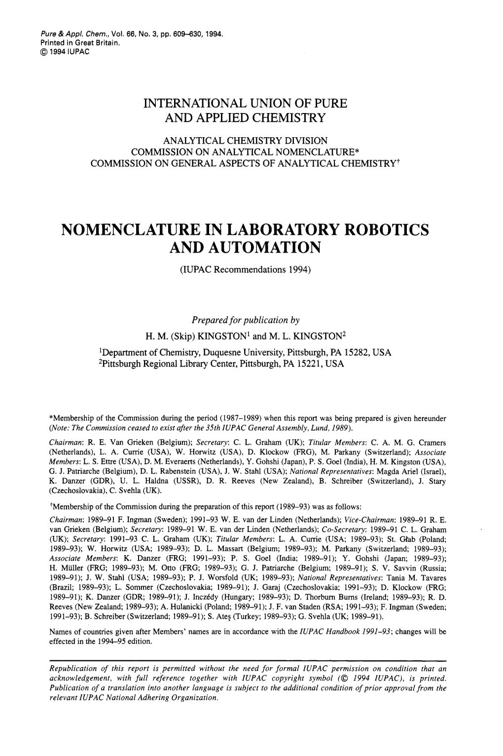 NOMENCLATURE in LABORATORY ROBOTICS and AUTOMATION (IUPAC Recommendations 1994)