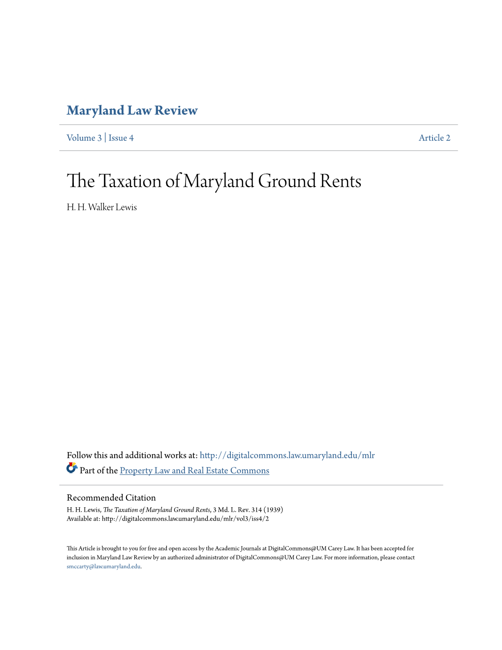 The Taxation of Maryland Ground Rents, 3 Md