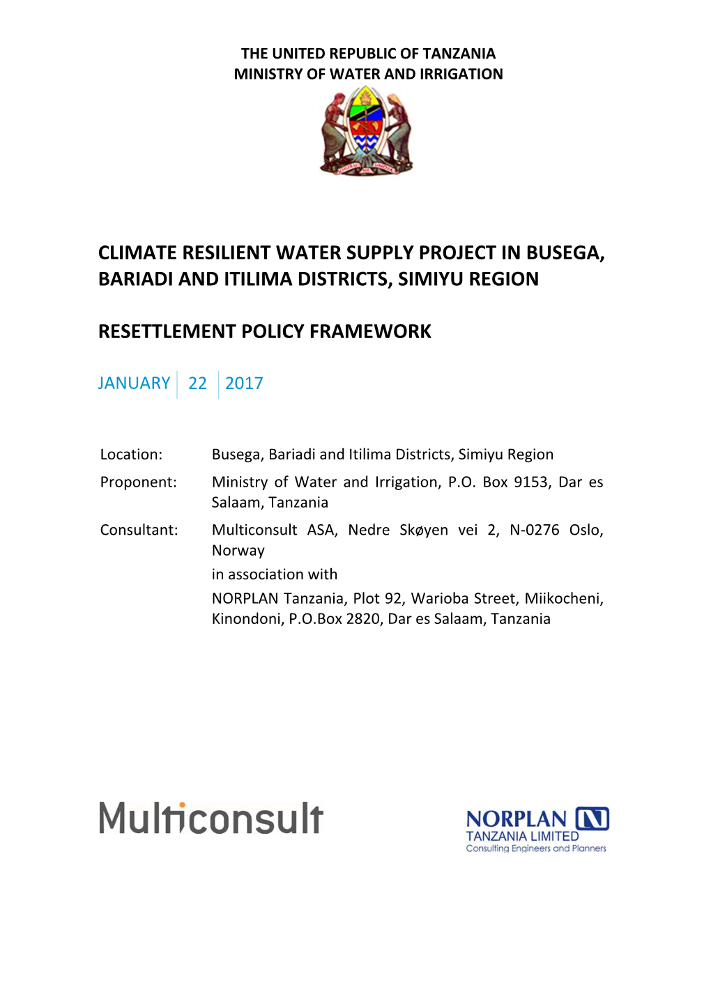 Climate Resilient Water Supply Project in Busega, Bariadi and Itilima Districts, Simiyu Region