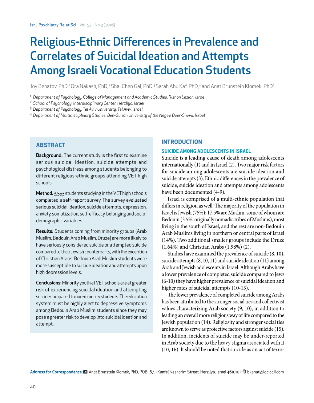 Religious-Ethnic Differences in Prevalence and Correlates of Suicidal Ideation and Attempts Among Israeli Vocational Education Students