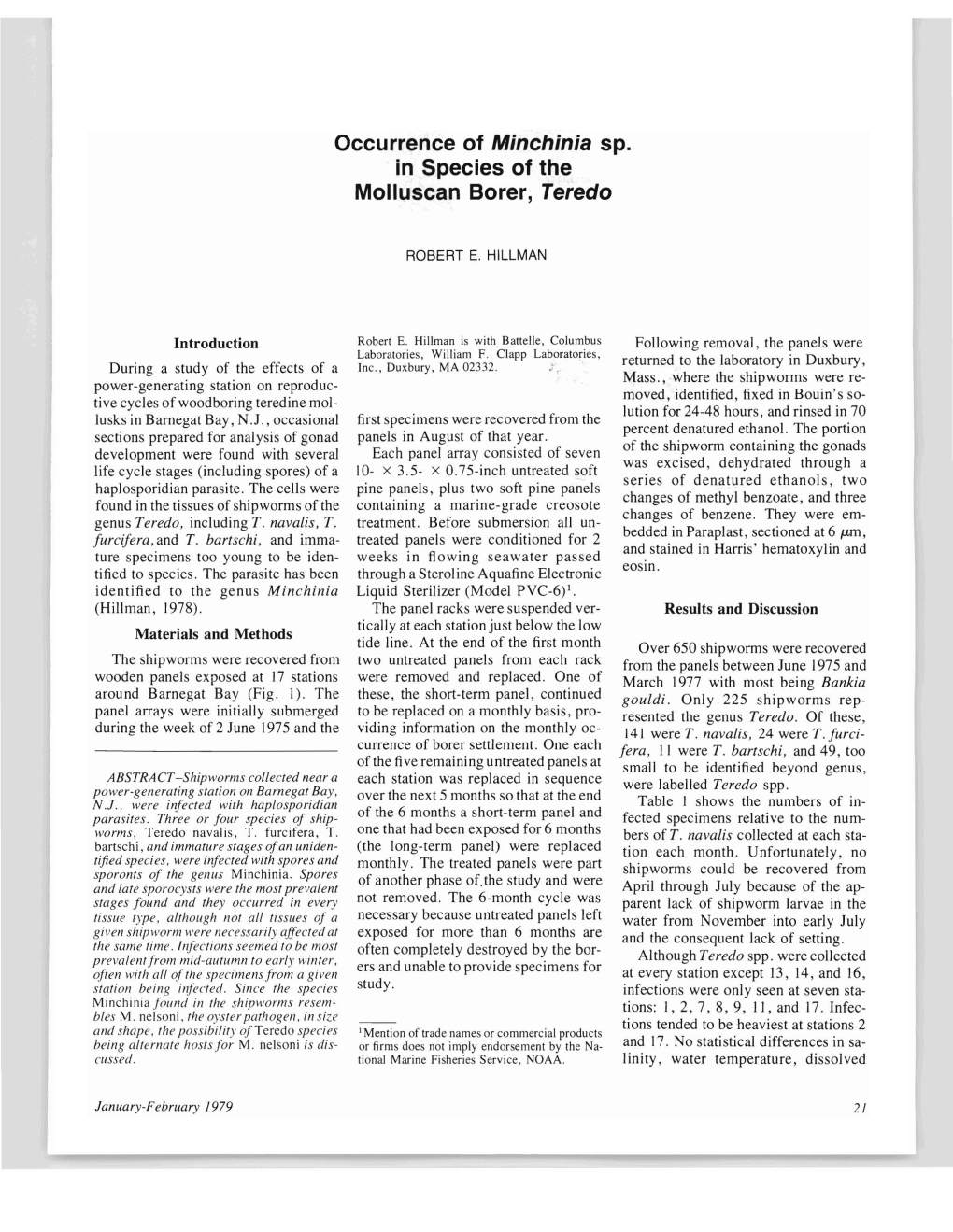 Occurrence of Minchinia Sp. in Species of the Molluscan Borer, Teredo