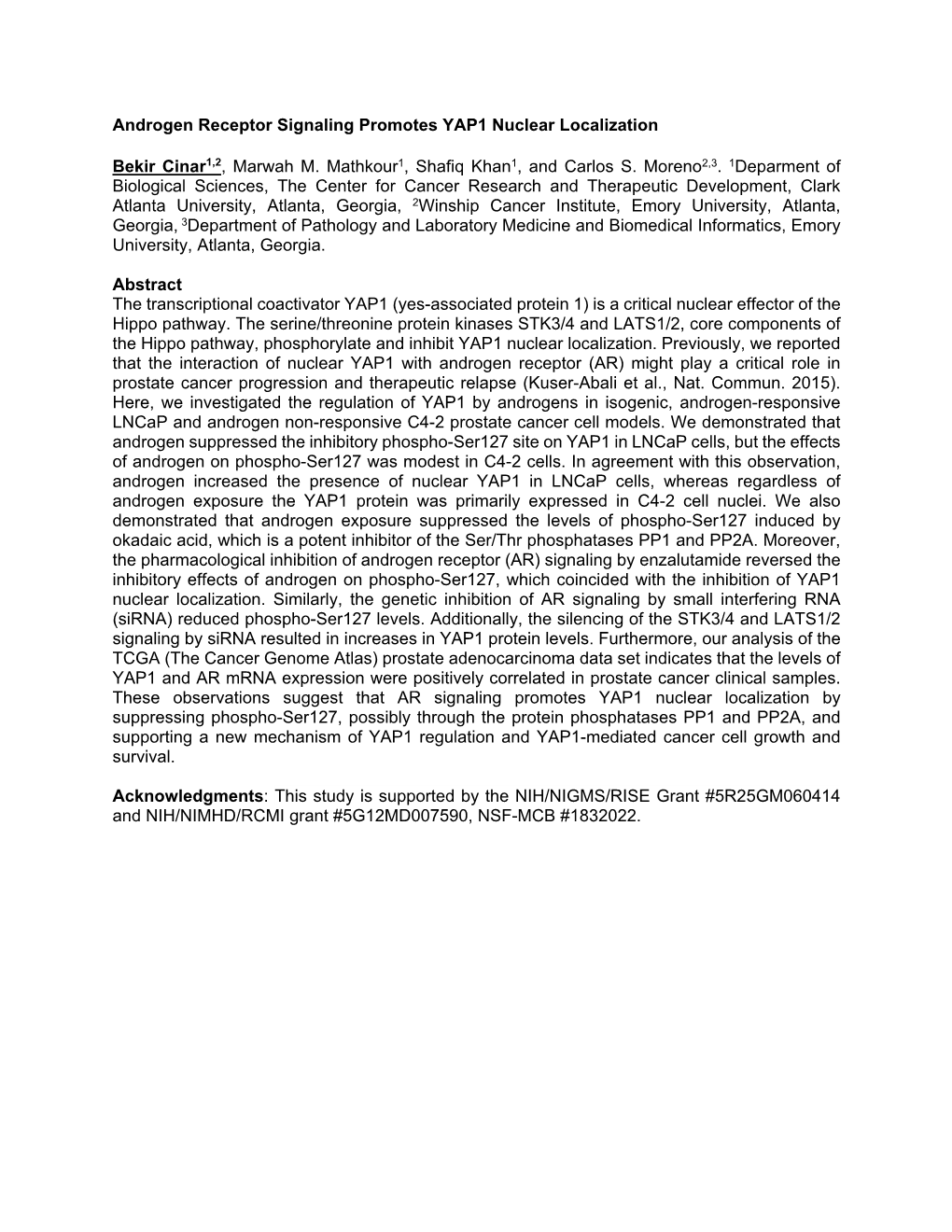 Androgen Receptor Signaling Promotes YAP1 Nuclear Localization