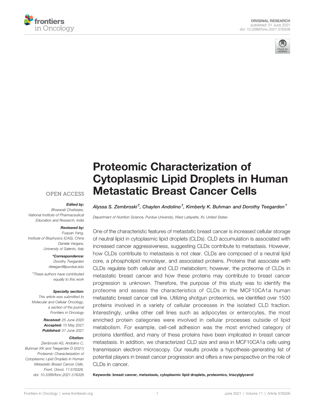 Proteomic Characterization of Cytoplasmic Lipid Droplets in Human Metastatic Breast Cancer Cells