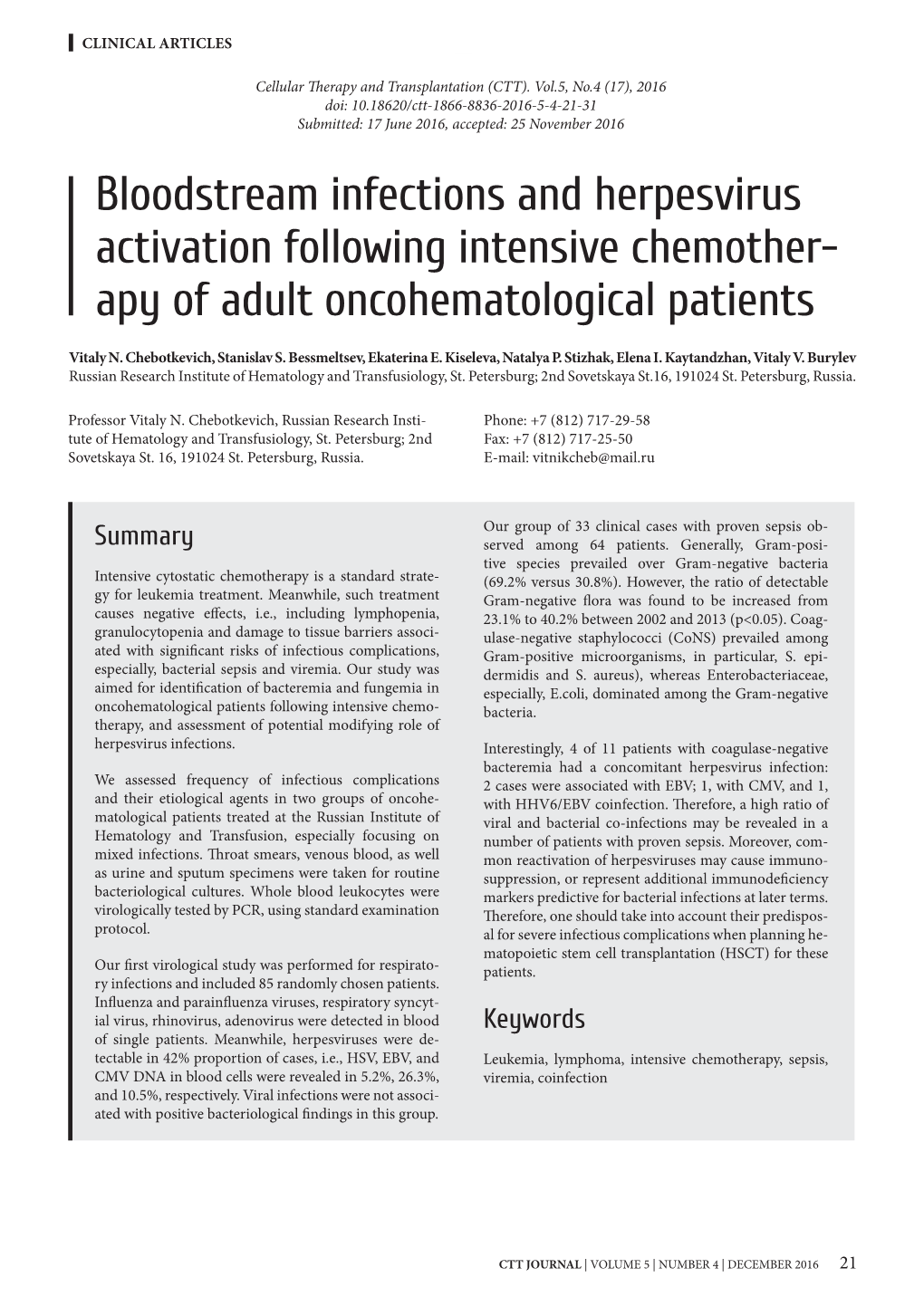 Bloodstream Infections and Herpesvirus Activation Following Intensive Chemother- Apy of Adult Oncohematological Patients