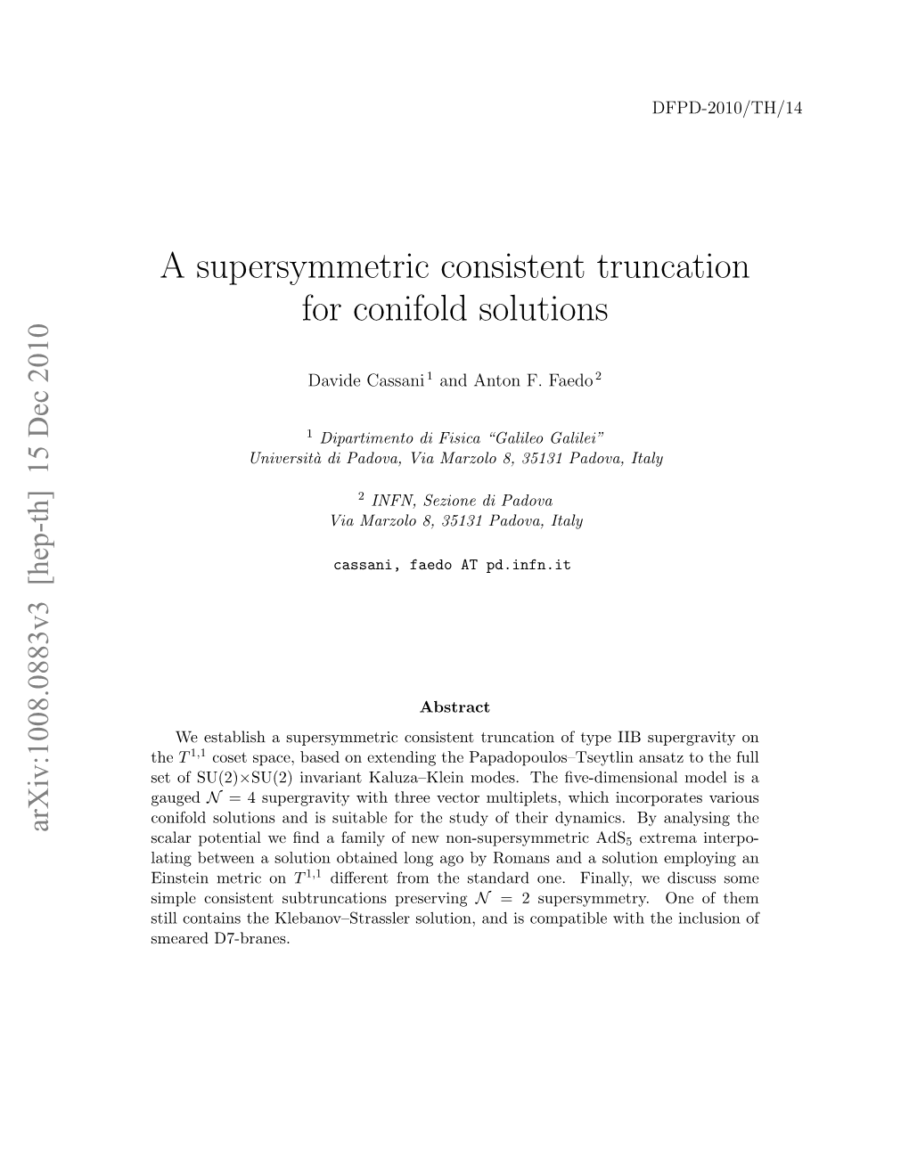 A Supersymmetric Consistent Truncation for Conifold Solutions