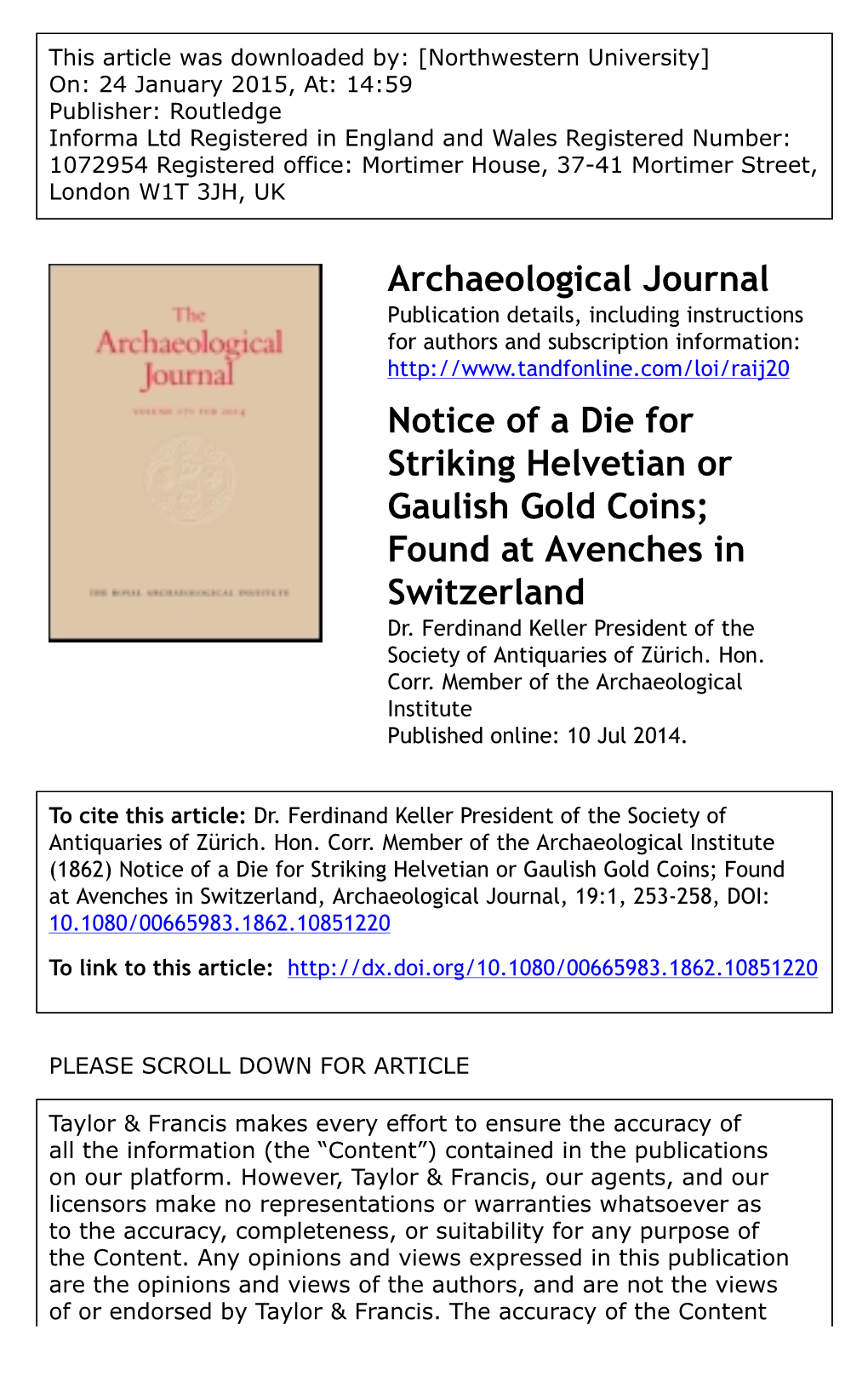 Archaeological Journal Notice of a Die for Striking