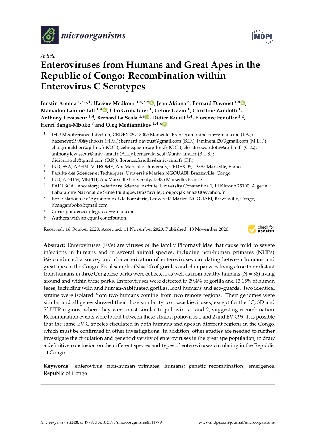 Enteroviruses from Humans and Great Apes in the Republic of Congo: Recombination Within Enterovirus C Serotypes