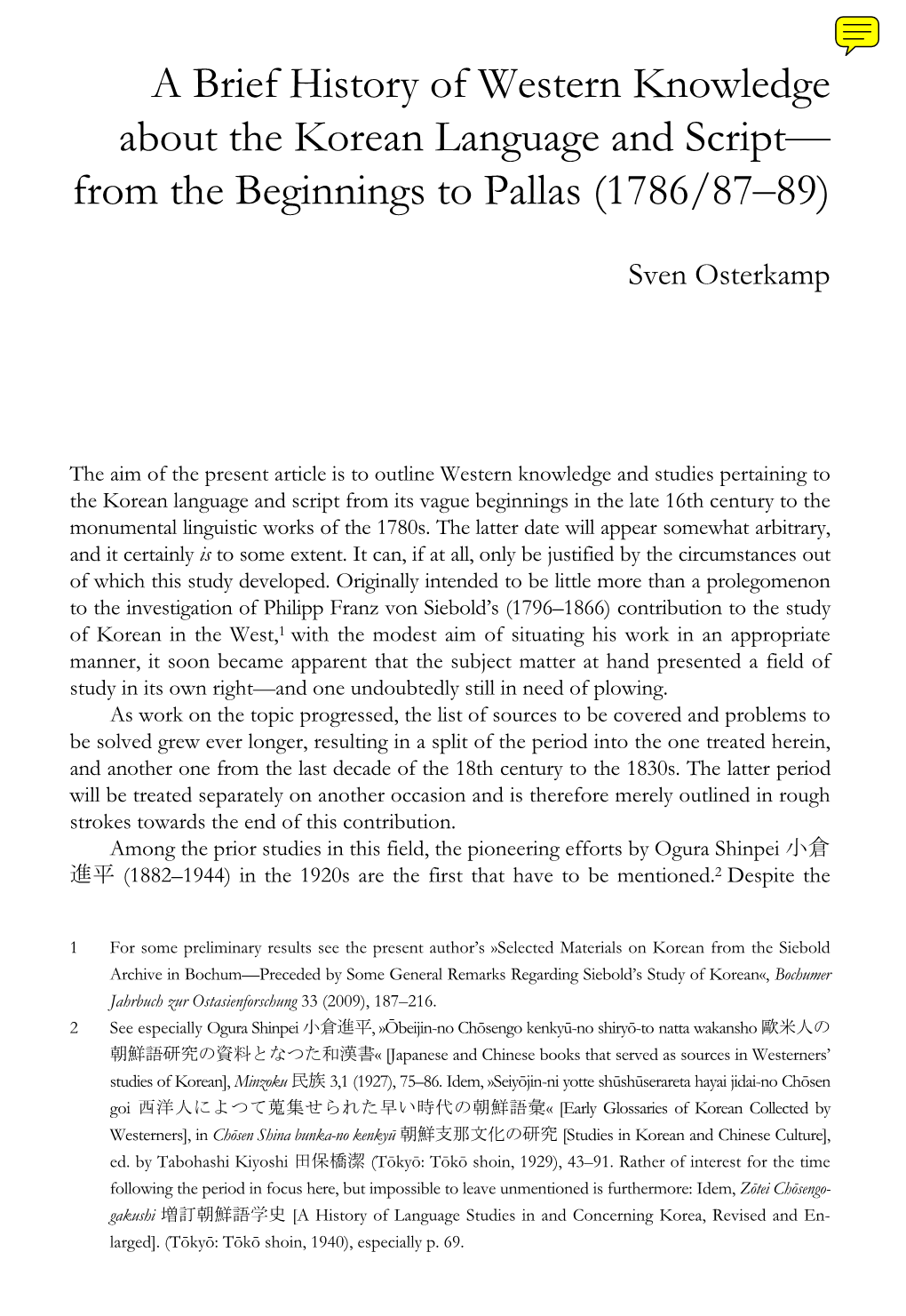 A Brief History of Western Knowledge About the Korean Language and Script— from the Beginnings to Pallas (1786/87–89)