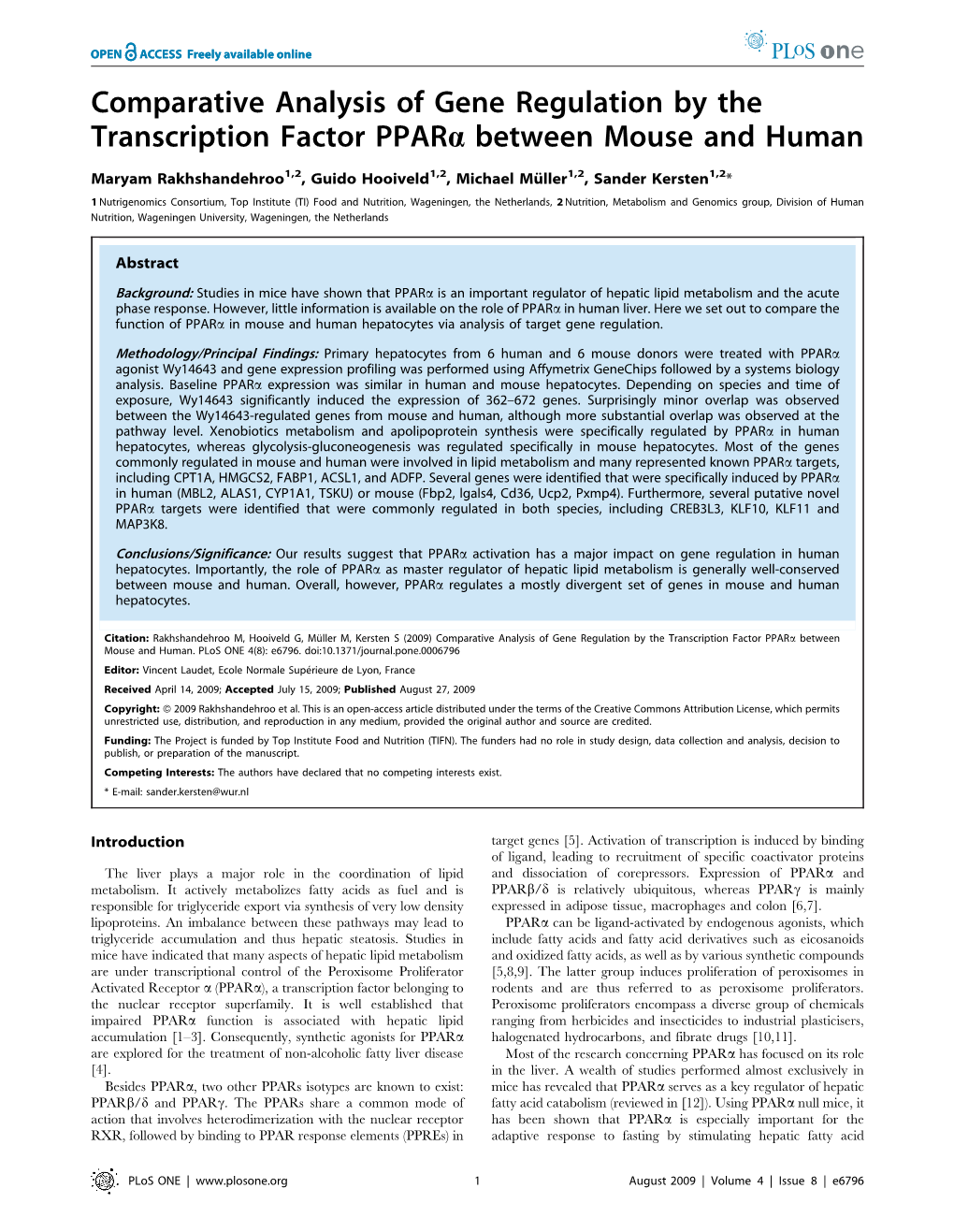 Comparative Analysis of Gene Regulation by the Transcription Factor Ppara Between Mouse and Human