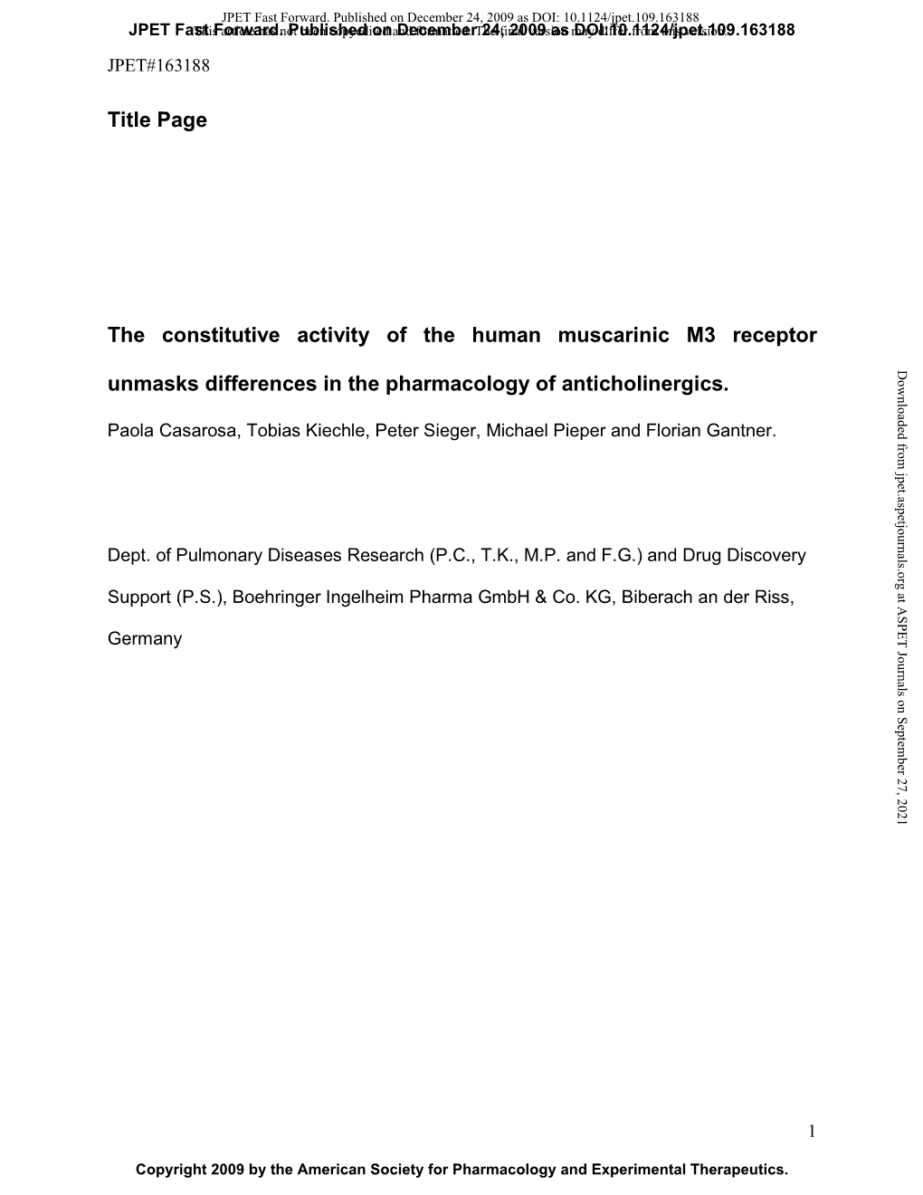 Title Page the Constitutive Activity of the Human Muscarinic M3 Receptor