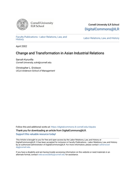 Change and Transformation in Asian Industrial Relations