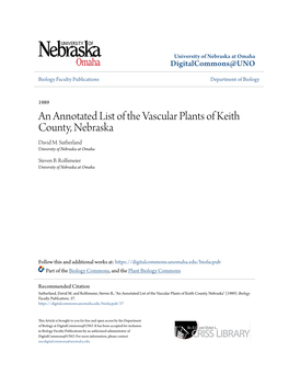 An Annotated List of the Vascular Plants of Keith County, Nebraska David M