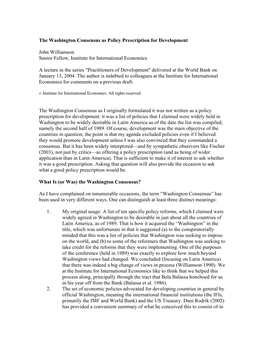 The Washington Consensus As Policy Prescription for Development